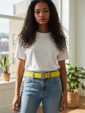 Prada Bright Yellow Canvas Belt with Silver Buckle